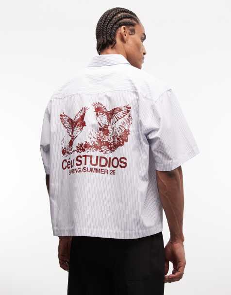 ASOS DESIGN - Camicia oversize squadrata blu a righe con stampa sul retro - view 1