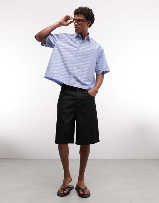 ASOS DESIGN - Camicia oversize squadrata blu a righe con stampa, 2 di 5