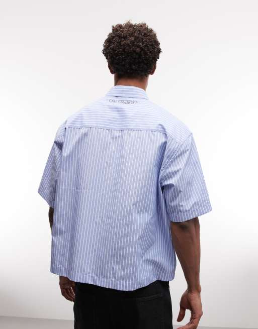 ASOS DESIGN - Camicia oversize squadrata blu a righe con stampa, 4 di 5