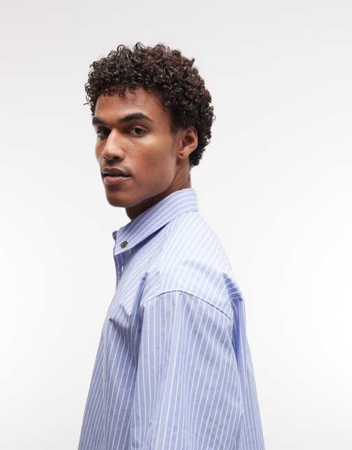 ASOS DESIGN - Camicia oversize squadrata blu a righe con stampa, 5 di 5