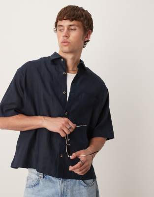 ASOS DESIGN - Camicia oversize squadrata blu navy in 100% lino - view 1