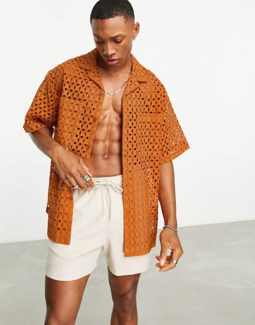 ASOS DESIGN - Camicia oversize squadrata color cuoio ricamata
