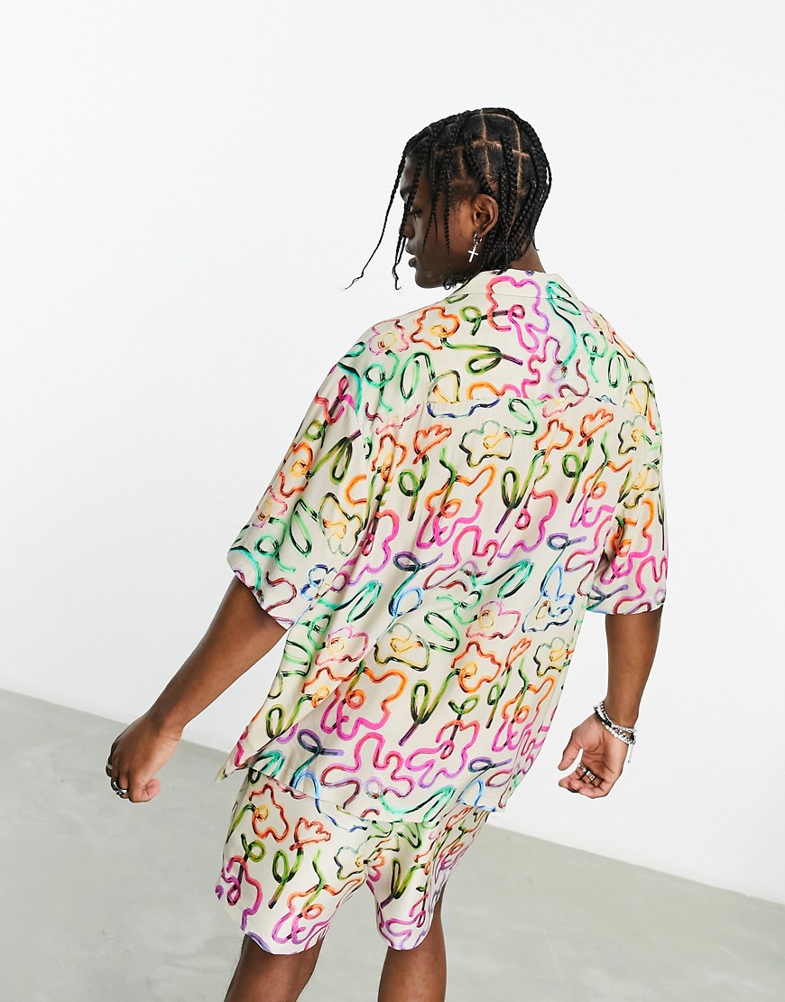 Camicia oversize squadrata con stampa cromata a fiori e rever in coordinato-Multicolore - ASOS DESIGN Camicia donna  - immagine3