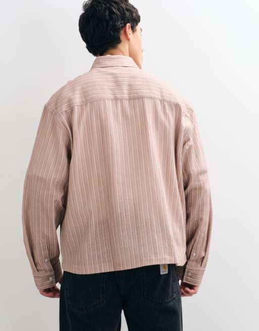 ASOS DESIGN camicia oversize squadrata effetto lino a righe marrone, 3 di 5