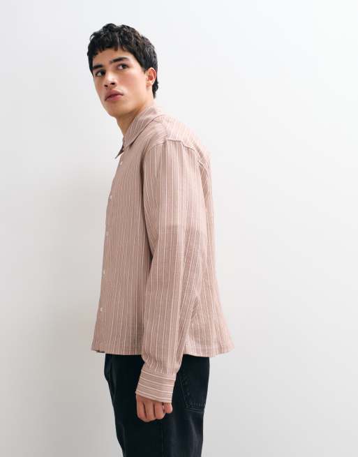 ASOS DESIGN camicia oversize squadrata effetto lino a righe marrone, 4 di 5