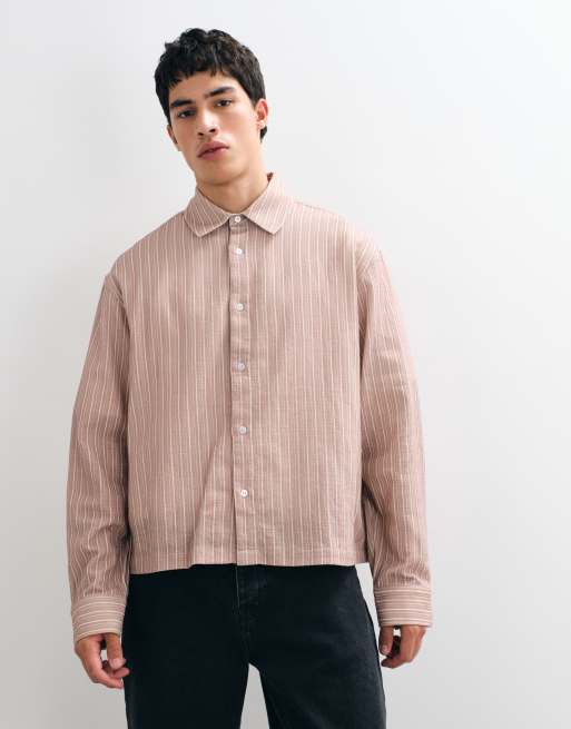 ASOS DESIGN camicia oversize squadrata effetto lino a righe marrone, 5 di 5