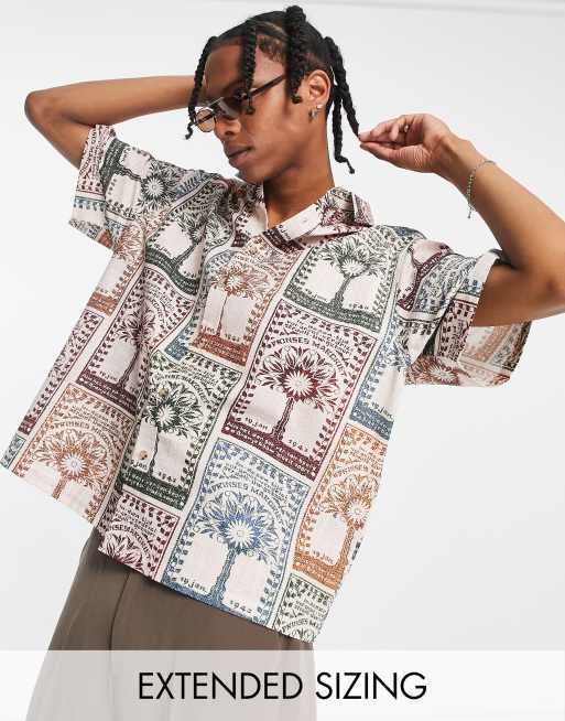 ASOS DESIGN - Camicia oversize squadrata effetto lino con stampa albero in scatola di fiammiferi