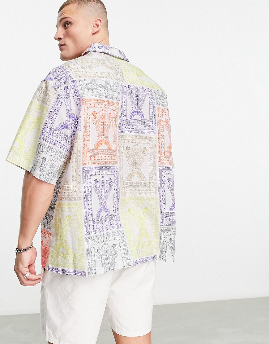 Camicia oversize squadrata in lino con stampa stile cartolina e rever-Multicolore - ASOS DESIGN Camicia donna  - immagine1