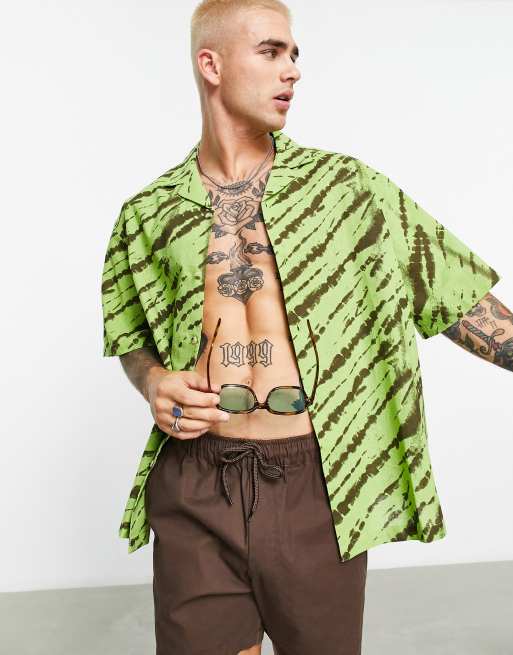 ASOS DESIGN - Camicia oversize squadrata in misto lino verde tie-dye con rever