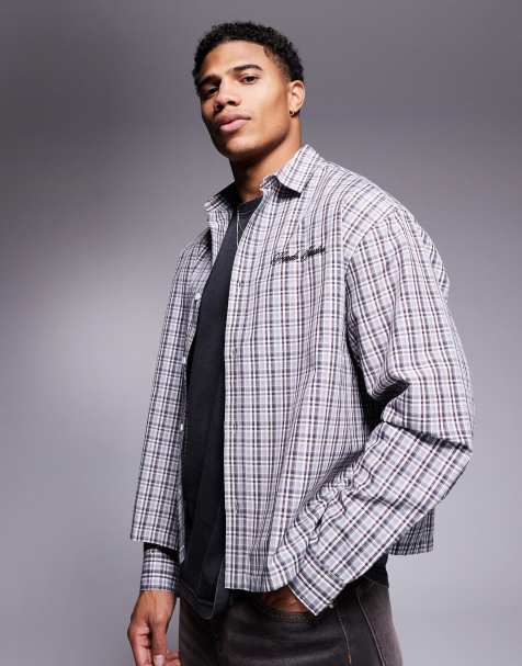 ASOS DESIGN - Camicia oversize squadrata marrone a quadri con ricamo rosso sul petto - view 1