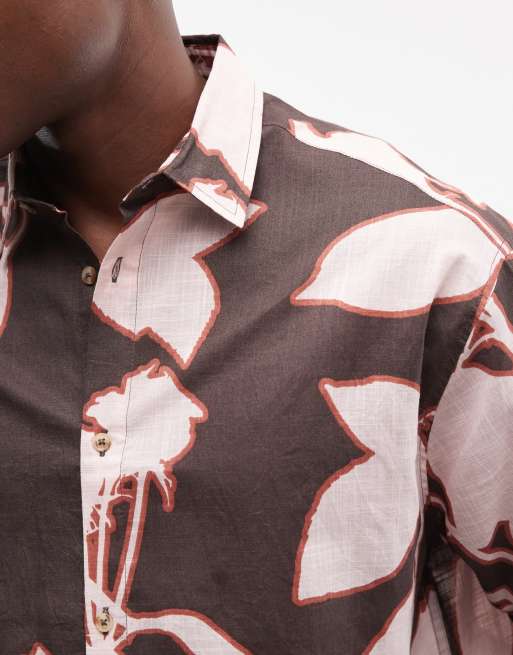 ASOS DESIGN - Camicia oversize squadrata marrone con stampa di petali, 3 di 5