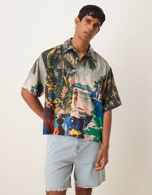 ASOS DESIGN - Camicia oversize squadrata multicolore con stampa di spiaggia