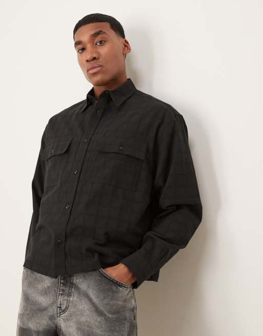 ASOS DESIGN - Camicia oversize squadrata nera a quadri tono su tono