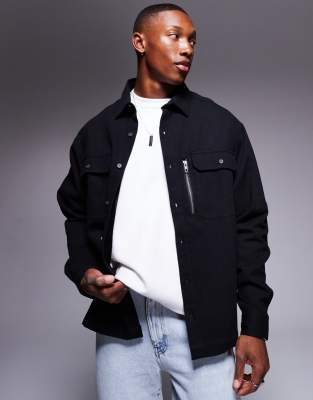 ASOS DESIGN - Camicia oversize squadrata nera con tasche applicate - view 1