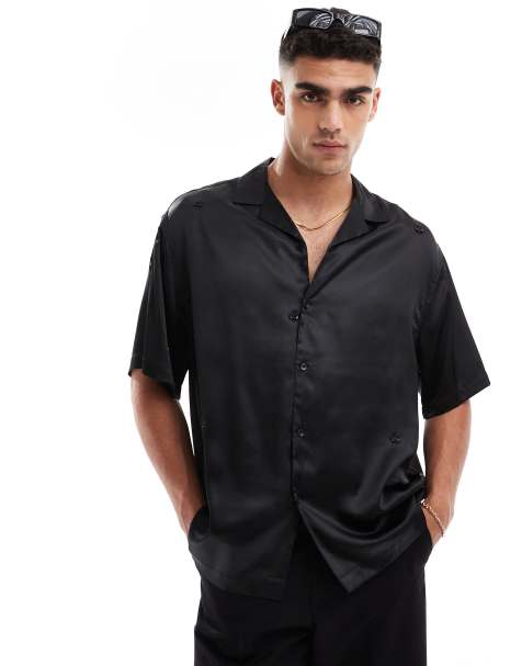 ASOS DESIGN - Camicia oversize squadrata nera in raso decorato con rever - view 1