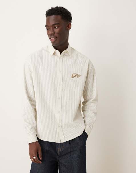 ASOS DESIGN - Camicia oversize stile anni '90 in tessuto seersucker beige a righe con ricamo sul petto - view 1