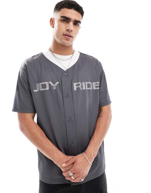 ASOS DESIGN - Camicia oversize stile baseball grigia in rete sportiva con testo applicato a caldo