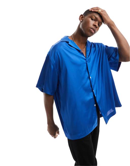 ASOS DESIGN - Camicia oversize taglio lungo blu cobalto in raso 