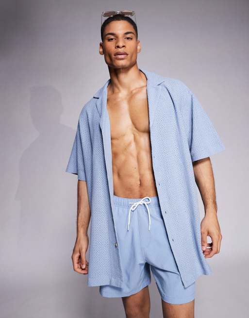 ASOS DESIGN - Camicia oversize taglio lungo blu testurizzata con rever profondi