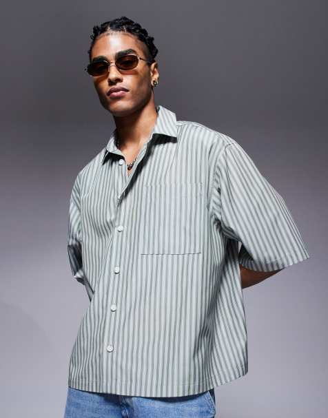 ASOS DESIGN - Camicia oversize verde a righe con mezze maniche - view 1