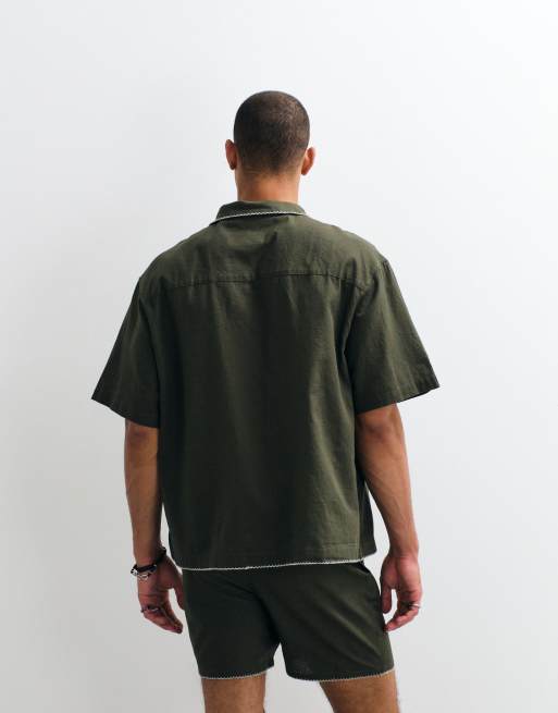 ASOS DESIGN - Camicia oversize verde in misto lino con rever e ricamo in coordinato, 2 di 5