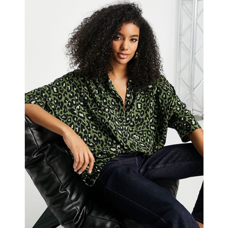 Top Camicie e bluse DESIGN - Camicia oversize verde leopardata a maniche lunghe