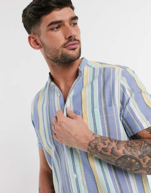ASOS DESIGN - Camicia Oxford a righe con collo serafino e vestibilità classica in colori pastello
