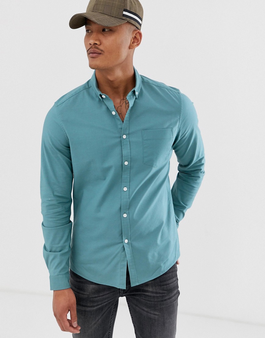 ASOS DESIGN - Camicia Oxford casual slim stretch verde-azzurro