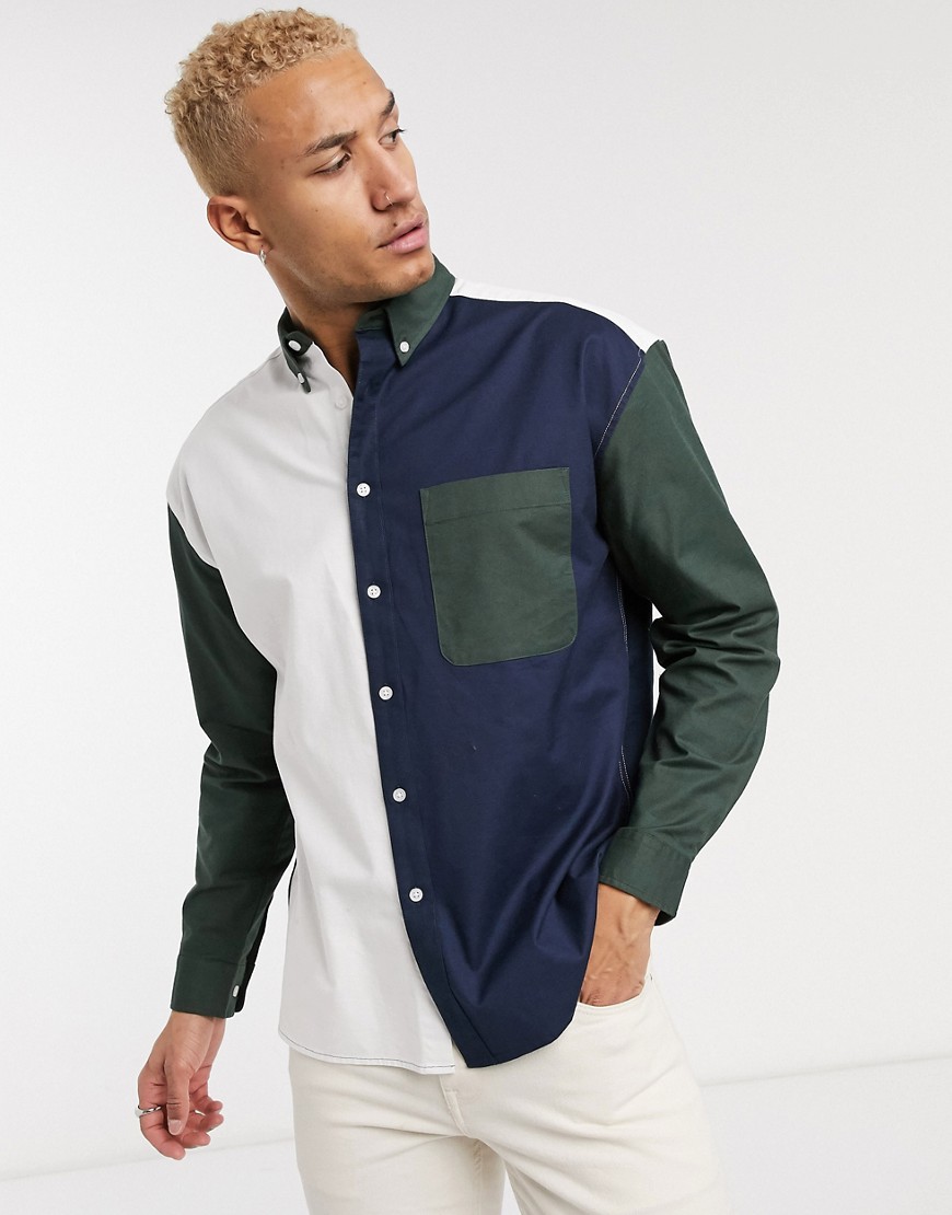 ASOS DESIGN - Camicia Oxford oversize cut & sew blu navy e verde