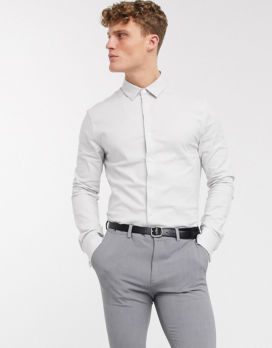 ASOS DESIGN - Camicia Oxford skinny elegante grigia con doppio polsino-Grigio