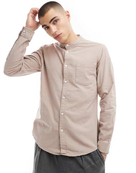 ASOS DESIGN - Camicia Oxford slim color pietra con collo serafino - view 1