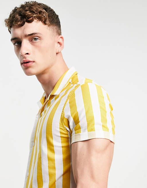 Camicia Oxford slim elasticizzata gialla a righe con rever Asos Uomo Abbigliamento Camicie Camicie a maniche corte 