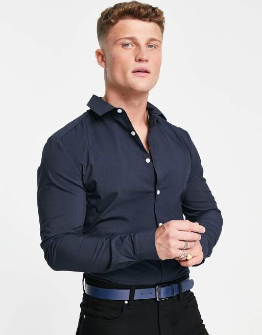 ASOS DESIGN - Camicia per l'ufficio slim elasticizzata blu navy
