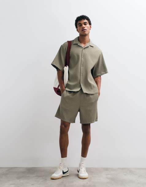 ASOS DESIGN - Camicia plissé oversize con collo a rever kaki in coordinato - view 1
