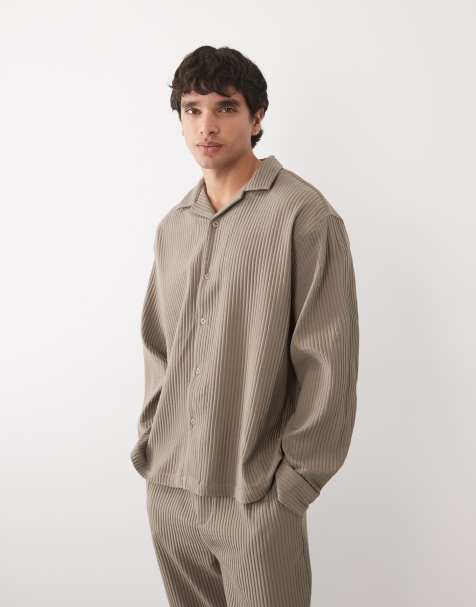 ASOS DESIGN - Camicia plissé oversize con collo a rever marrone in coordinato - view 1