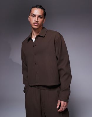 ASOS DESIGN - Camicia plissé taglio corto marrone oversize in coordinato