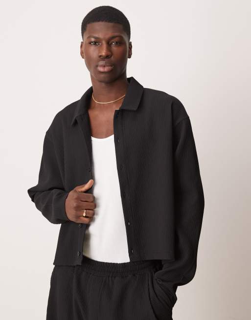 ASOS DESIGN - Camicia plissé taglio corto nera oversize in coordinato 