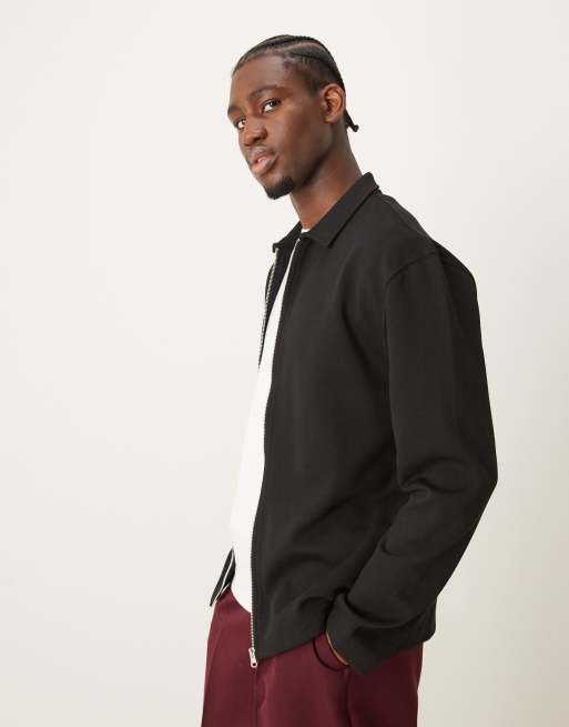ASOS DESIGN - Camicia premium comoda a maniche lunghe in tessuto interlock 300 gsm nera con zip