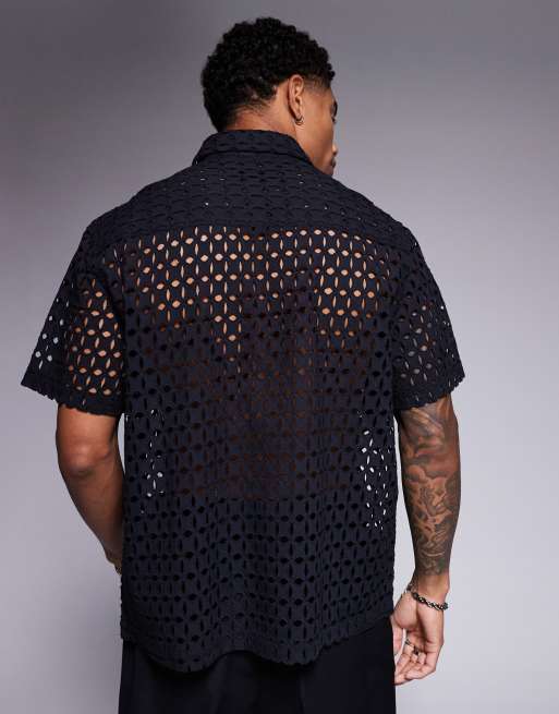 ASOS DESIGN - Camicia premium oversize squadrata in pizzo sangallo nera, 4 di 4