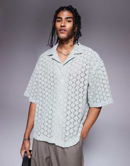 ASOS DESIGN - Camicia premium squadrata oversize all'uncinetto color verde salvia