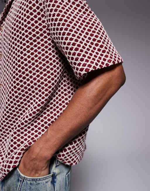 ASOS DESIGN - Camicia premium squadrata regular fit rossa e bianca testurizzata, 3 di 4