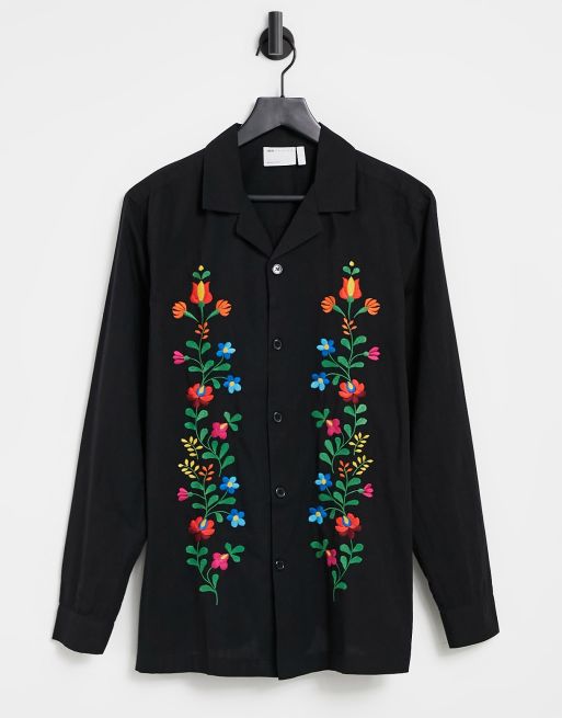 ASOS DESIGN - Camicia regular con colletto con rever in cotone a coste nera con ricamo sul petto