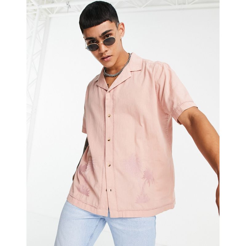 TPkpO Uomo DESIGN - Camicia regular con rever e ricamo con palme tono su tono rosa polvere effetto lino