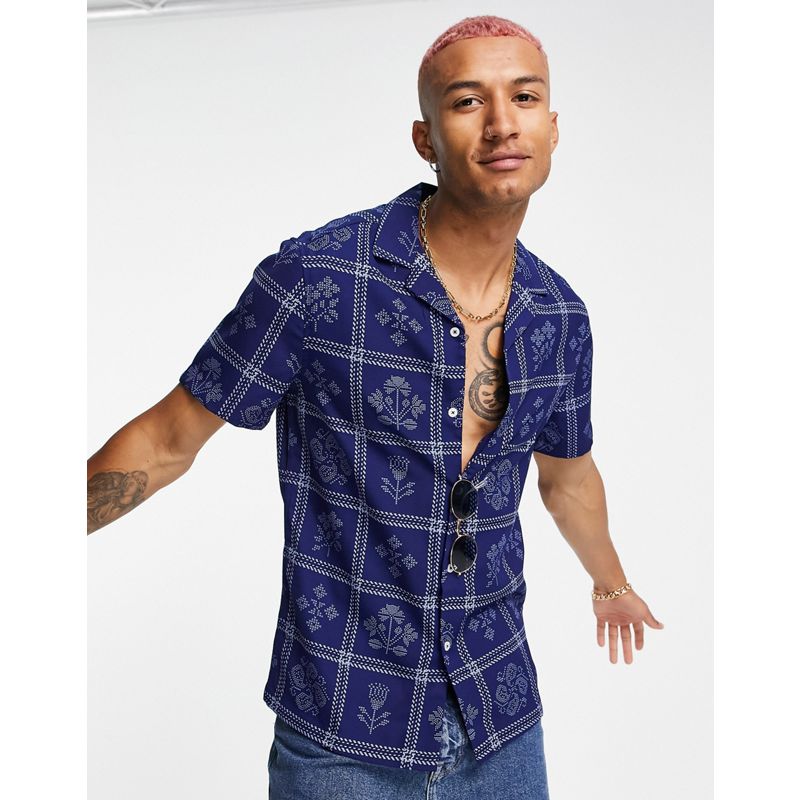 Uomo Camicie stampate DESIGN - Camicia regular con stampa effetto arazzo e cuciture blu navy