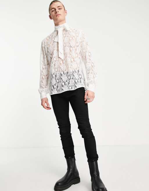 ASOS DESIGN Camicia regular fit bianca in pizzo con fiocco
