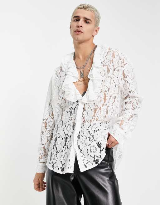 ASOS DESIGN - Camicia regular in pizzo con volant vistosi e aperta sul petto