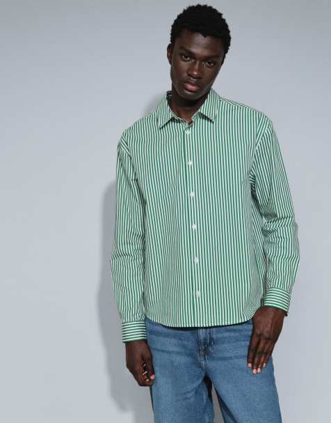 ASOS DESIGN camicia relaxed in popeline a righe verde - view 1
