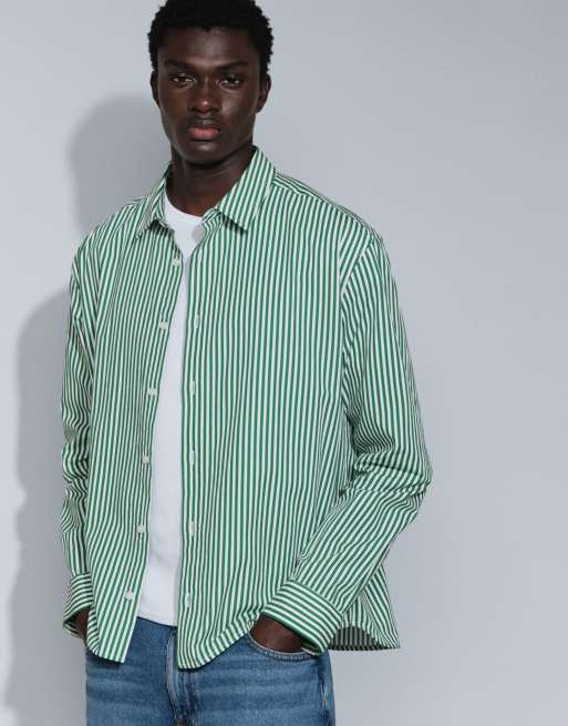ASOS DESIGN camicia relaxed in popeline a righe verde, 4 di 7