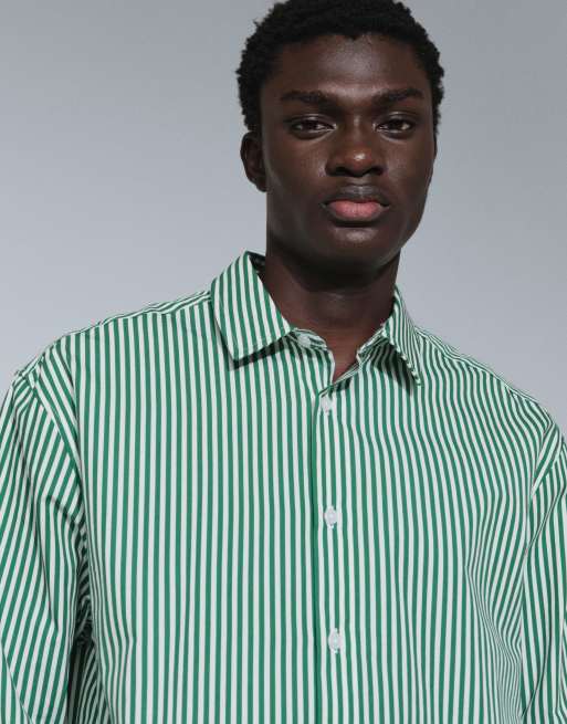 ASOS DESIGN camicia relaxed in popeline a righe verde, 5 di 7