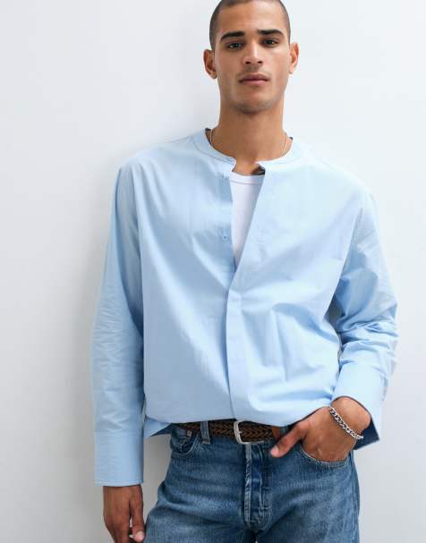 ASOS DESIGN camicia relaxed in popeline con collo serafino blu - view 1